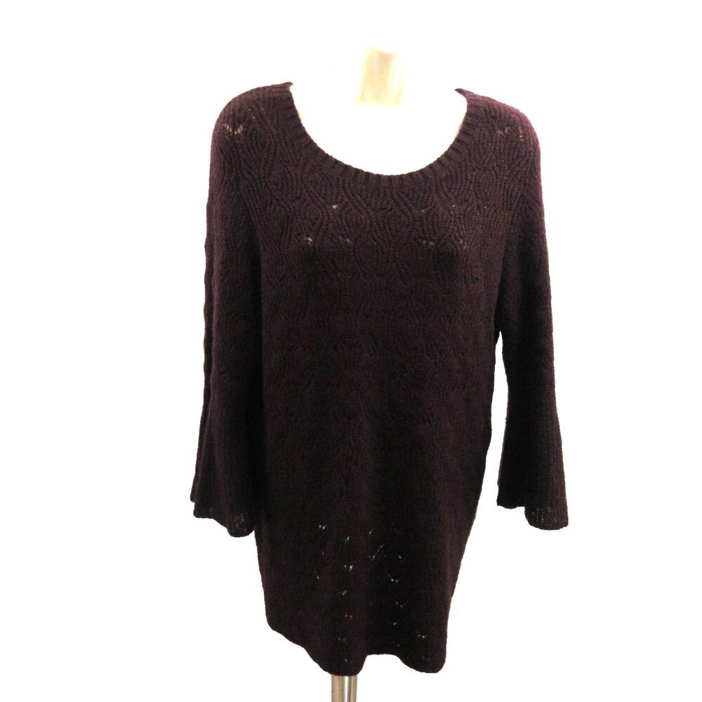 Lauren Conrad Womens Sweater Sz Medium Round Neck Open Knit Burgundy Bell Sleeve